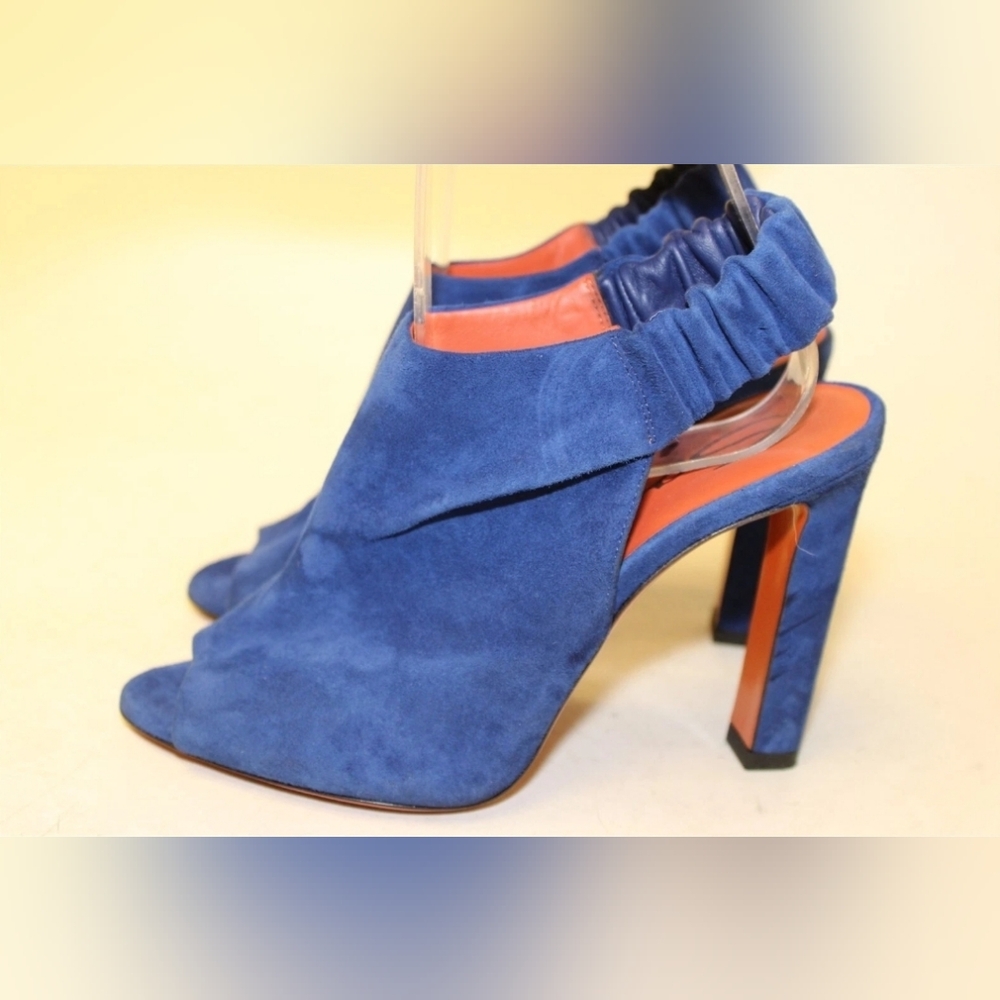 Santoni Italy Made Luxury Blue Suede Slingback Peep Toe Heels SANDALS Shoes 37 7 - Picture 4 of 16